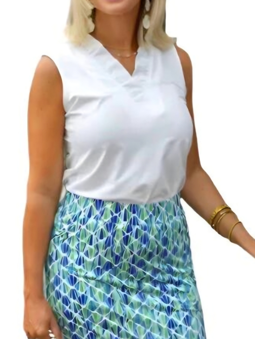 LA MER LUXE Augusta White Stretch Ruffle Vneck Sleeveless Travel Resort Blouse L